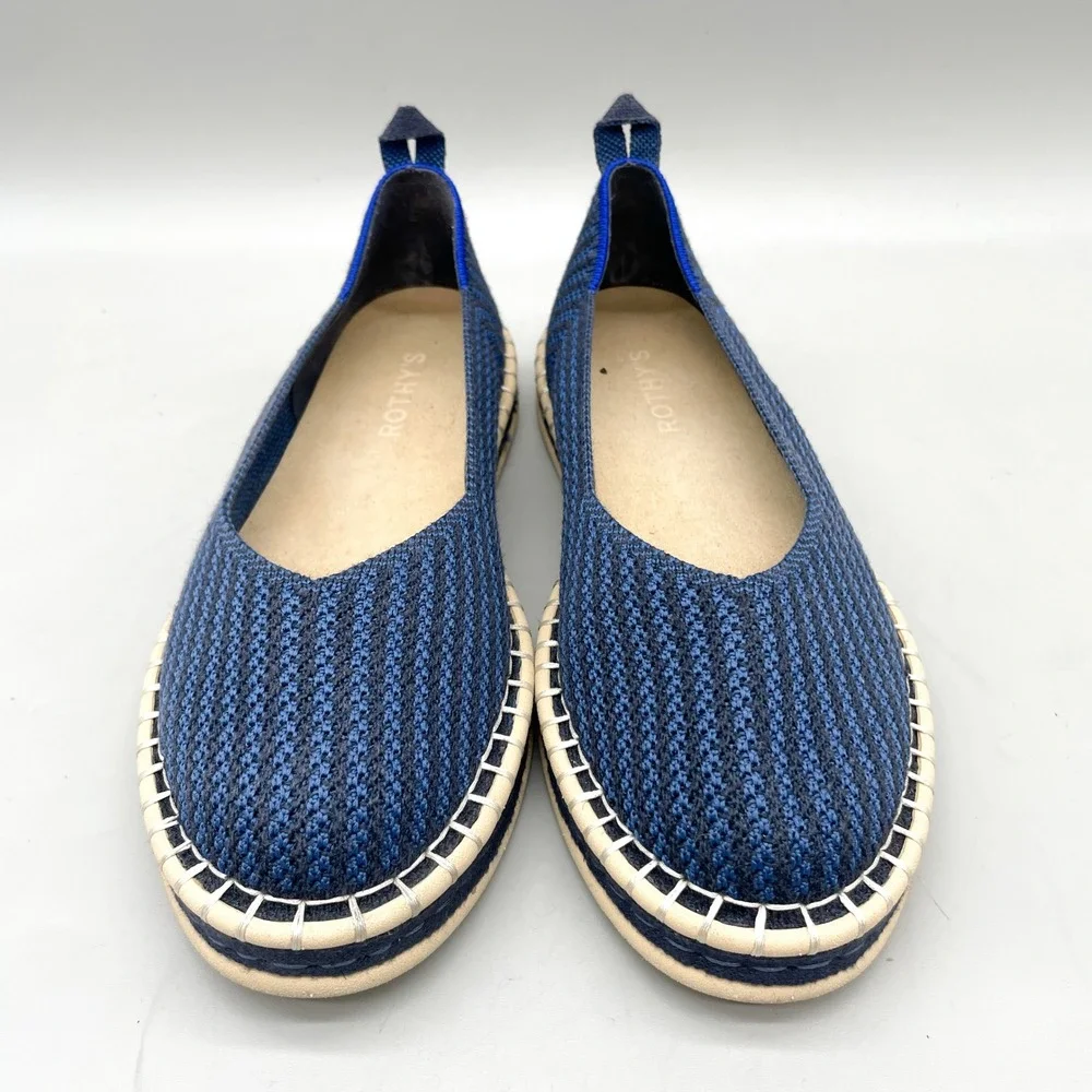 Rothys Womens 7.5 The Espadrille Flats Navy Stipe Knit Coastal Casual Nautical